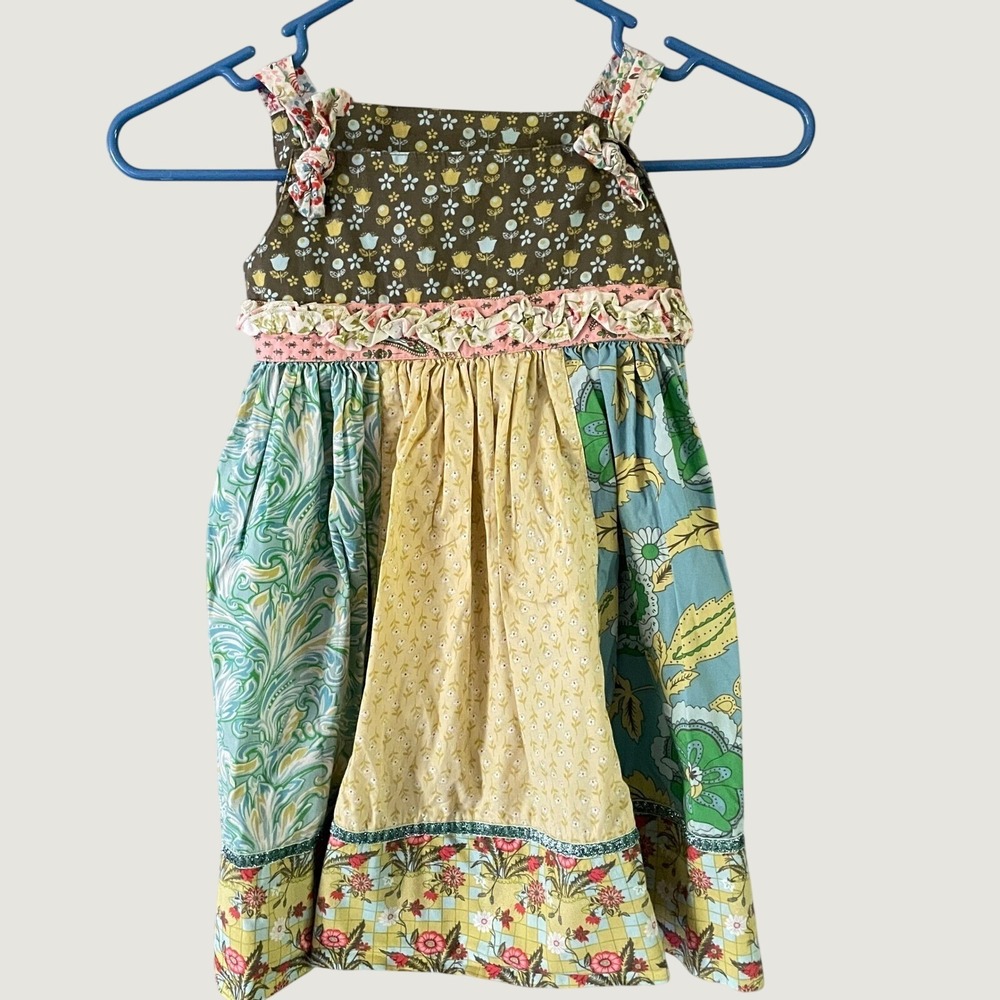Matilda Jane Girls Floral Patchwork Ruffle Dress Multi Color Size 6 Tie Back